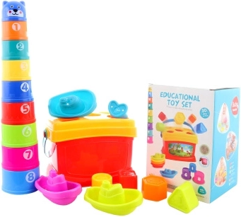 Children's Set 3 in 1 with Shape Sorter, Boats, and Pyramid