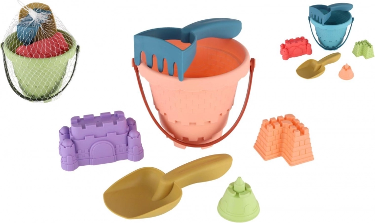 Plastist liivamängukomplekt ämbriga, labida, rehaga ja 3 vormiga võrgukotis