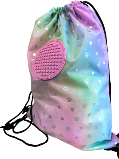 Pixie Crew pink drawstring backpack with heart and paws
