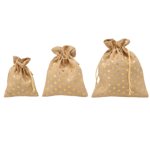 Kuldtäppidega jutekottide komplekt 30 × 25 / 25 × 20 / 20 × 15 cm