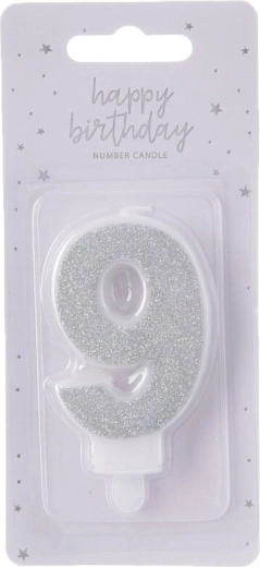 Silver number 9 birthday candle, 7 cm