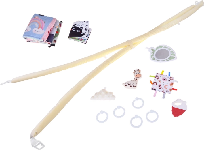 Rikkalik sensoorsete mängude komplekt: peeglike, närimislelu, krabisev element ja raamatuke