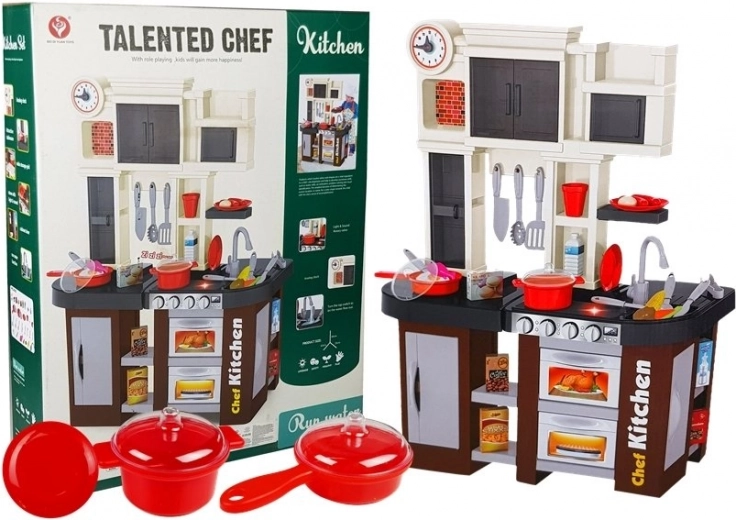 Interactive kids' kitchen with fridge, range hood and running-water faucet – 58 pieces
