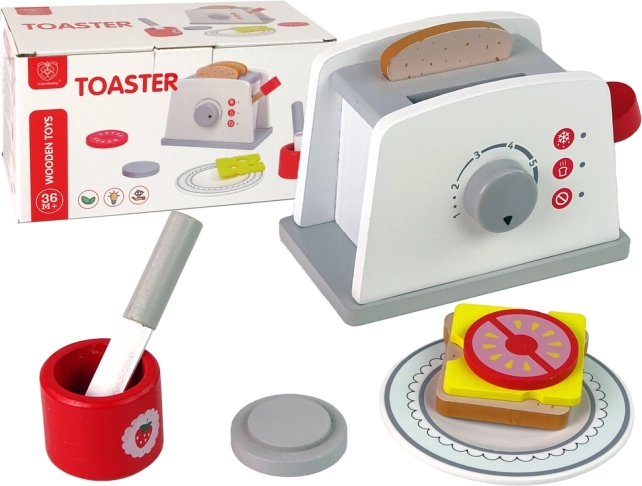 Wooden kids toaster with breakfast accessories
