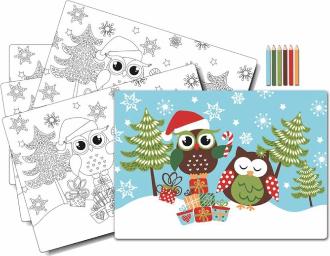 Kids’ coloring placemat Owl Christmas with crayons, 5 pcs