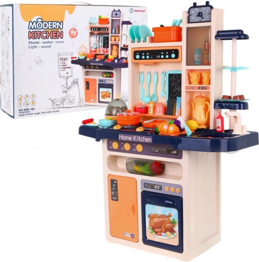 Kids’ Kitchen with Water Faucet and Steam Burner, Audio Panel, 65 Pieces – Blue