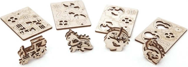 Ugears 3D Mechanical Wooden Puzzle – 4 Mechanical Keychains Character Symbols