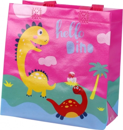 Roosa dinosaurus-motiiviga kinkekott 23 × 21,5 × 11 cm