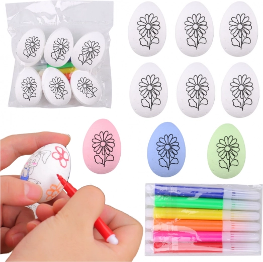 Styrofoam Easter eggs for painting with flower pattern, 6 pcs with markers