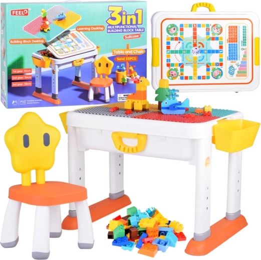 Children’s adjustable 3-in-1 table with double-sided top and building blocks