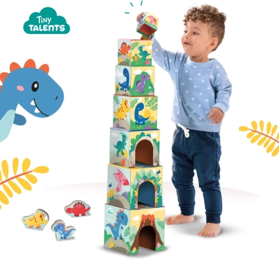 Tower of 7 blocks with cheerful dinosaur illustrations