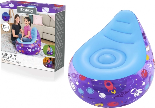 Laste täispuhutav tugitool LED-kosmosega Bestway, lilla, 72 × 72 × 64 cm