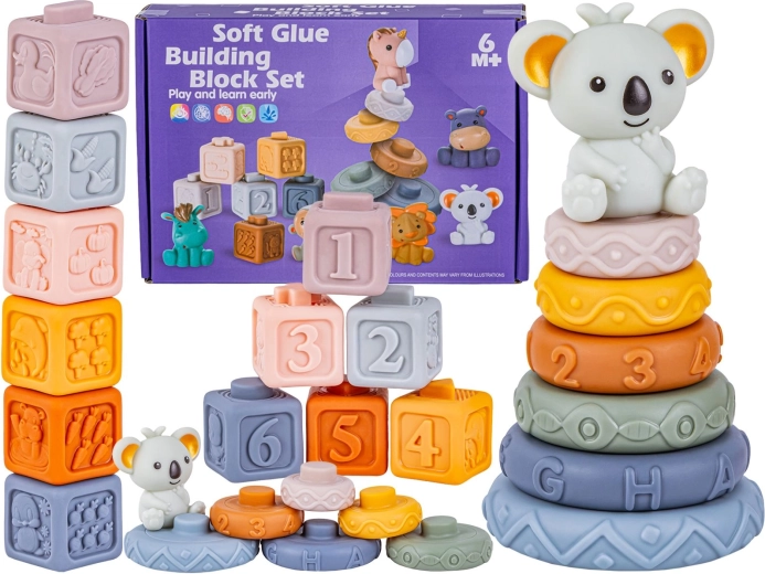 Sensory soft silicone blocks and stacking tower with numbers and shapes with a koala