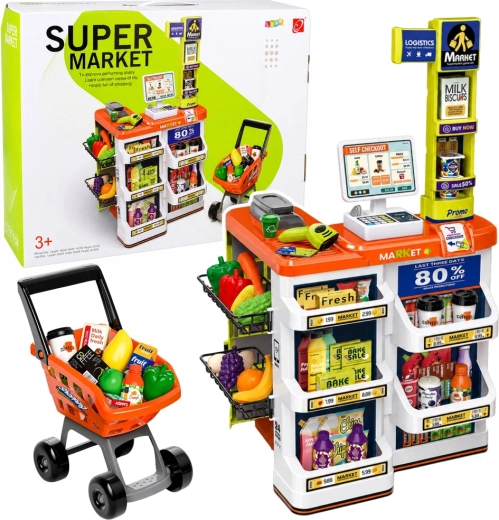 Laste supermarket kassaga, skanneri ja ostukäruga (u 60 osa)