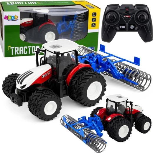 RC-traktor koos kinnitatava põllumajandusliku rulliga 1:24, punane, tuledega