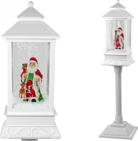 Christmas decorative lamp – white lantern with SANTA, light and falling snow