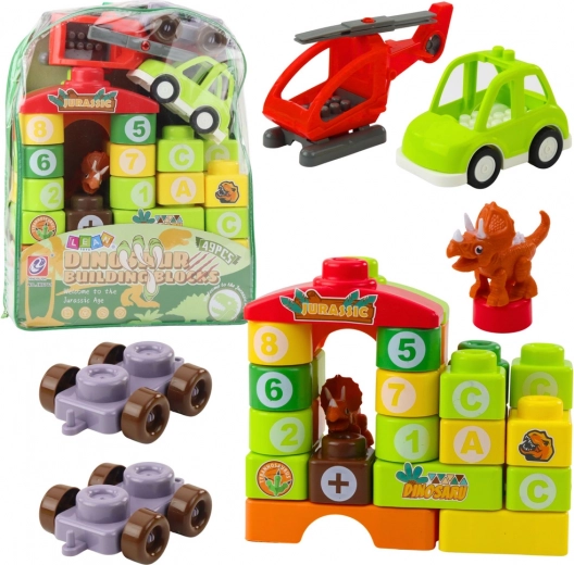 Educational building set dinosaurs with letters and numbers in a backpack – 49 pieces