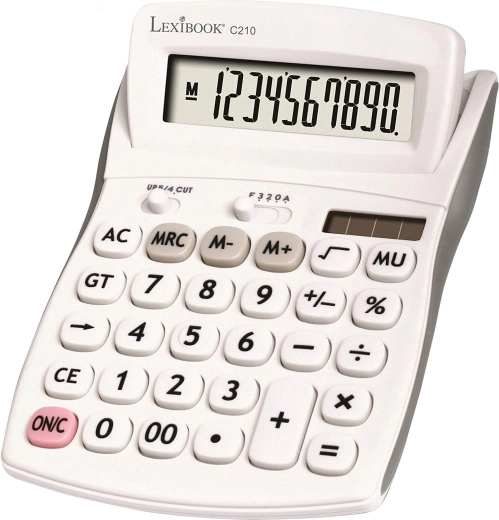 Desktop 10-digit calculator with flip-up display and dual power