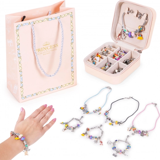 Bracelet and necklace making kit with charms and beads, 66 pieces + organizer and gift bag