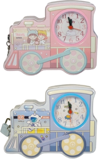 Children's locomotive money box with lock and clock