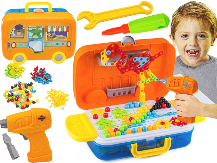 Creative mosaic in a case with a drill and screwdriver (258 pieces)