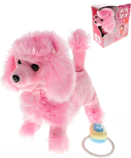 Pink plush poodle dog on a leash with sound 23 cm