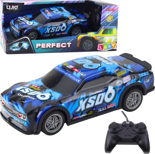 Racing RC car with illuminated body, black-blue