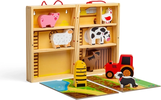 Bigjigs Toys kaasaskantav puidust talukomplekt karbis loomade ja traktoriga
