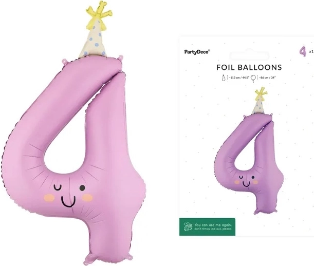 Lavender foil balloon number 4 with face