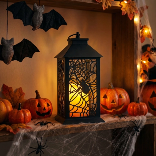Patareitoitel vilkuv LED-latern ämblikuga Halloweeniks