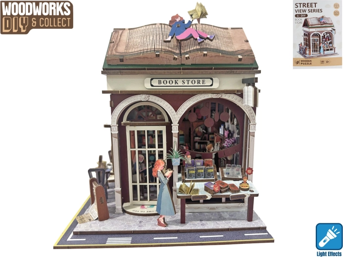 Woodworks wooden bookstore building kit with light
