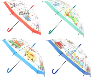 Automatic transparent umbrella with transport-themed design