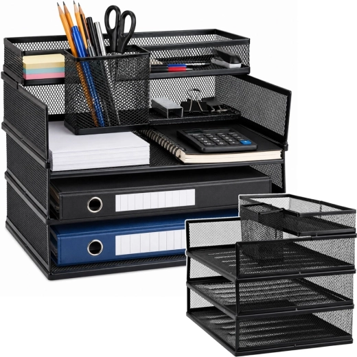 Metal multi-tier office organizer for documents and accessories, black