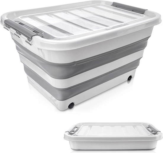 Folding storage box on wheels 30 l with transparent lid KEMP