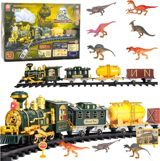 Classic electric train set with dinosaurs and RC remote control, lights, sounds and smoke – 39 pieces