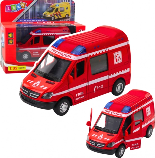 Metal fire truck 1:32 with pull-back drive, lights and sounds – red