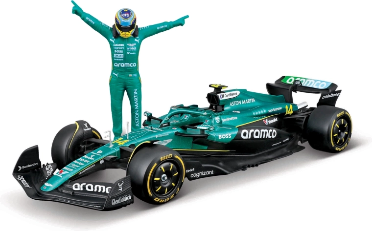 Bburago F1 vormeli mudel Aston Martin AMR25 2025 koos sõitjafiguuriga Fernando Alonso (nr 14) 1:24