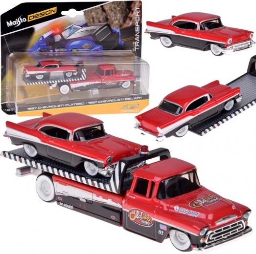 Maisto metallist komplekt mõõtkavas 1:64 – puksiirauto CHEVROLET Flatbed 1957 ja CHEVROLET Bel Air