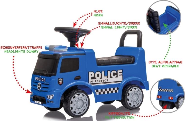 Laste Mercedes-Benz Antos Police 2-in-1 lükatav auto
