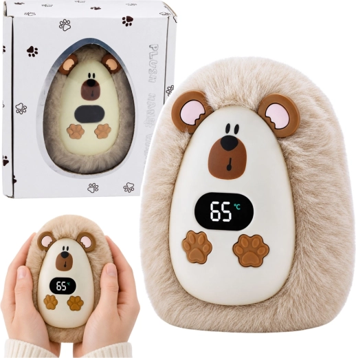Plush rechargeable hedgehog hand warmer with temperature display (USB‑C)