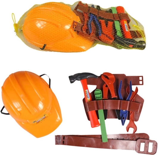Kids tool belt set with work helmet