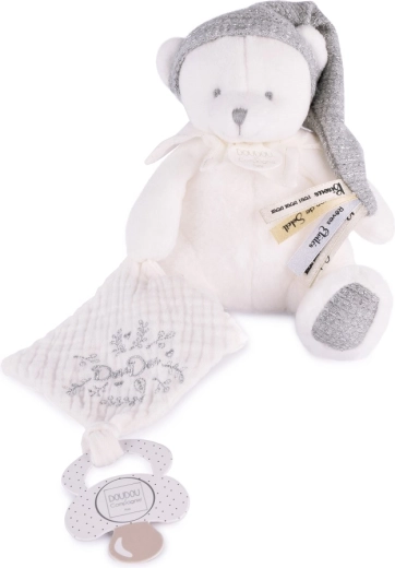 Gift set plush teddy bear with pacifier holder and blanket, gray 20 cm