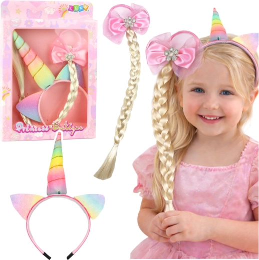 Headband and Hair Tie Set with Braid Unicorn, Pastel Bow