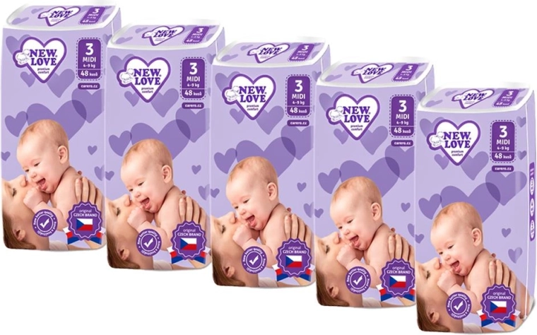 New Love Premium Comfort ühekordsed beebimähkmed 3 Midi 4–9 kg, megapakk 5×48 tk