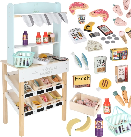Wooden kids’ market LULILO Melo with stand and cash register