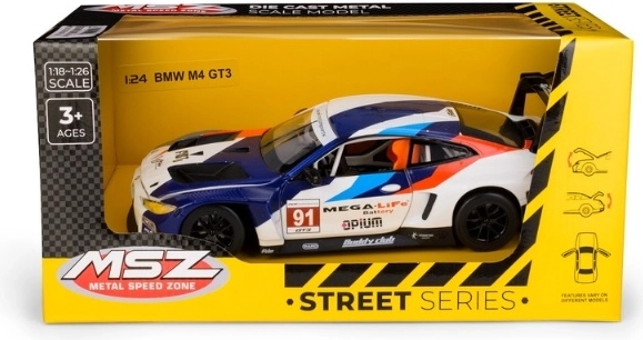 BMW M4 GT3 võidusõiduauto mudel mõõtkavas 1:24, sini-valge
