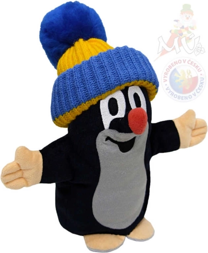 Moravská ústředna Little Mole hand puppet with blue-yellow beanie 25 cm