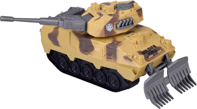 Tank with rotating turret and dozer blade