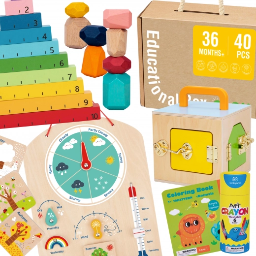 Tooky Toy Montessori Educational Box 6-in-1: locking box, balancing stones, weather board, counting 1–10, coloring book and booklet