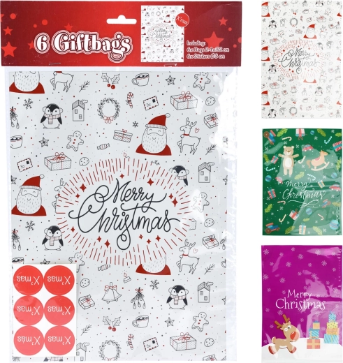 Gift cellophane bags with stickers, mix of Christmas motifs, 32 × 24 cm, 6 + 6 pcs